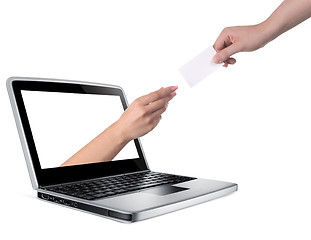 Image showing Hands with blank card and notebook