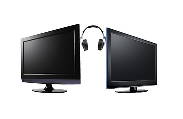 Image showing two LCD high definition flat screen TV with headphone