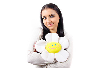 Image showing happy woman smiling portrait with chamomile