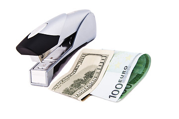 Image showing Stapler with stack of euros isolated on white background