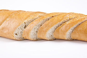 Image showing Fresh baguette, sliced close-up