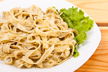 Image showing Tagliatelle pasta with pesto close up