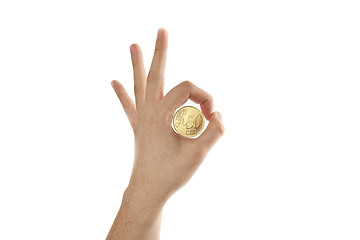 Image showing Hand ok sign and 50 cent coin