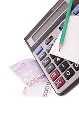 Image showing Calculator, money, pencil