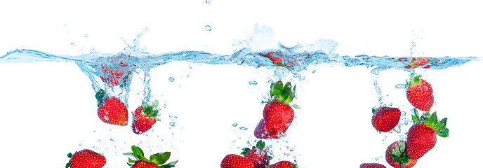 Image showing Collage Fresh Strawberry Dropped into Water with Splash