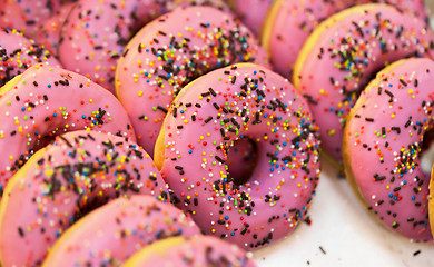 Image showing Sweet donuts at shop counters