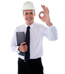 Image showing Handsome engineer showing okay gesture