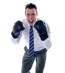 Image showing Angry corporate male wearing boxing gloves