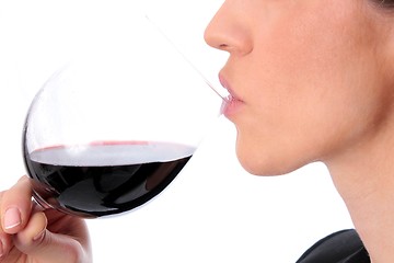 Image showing Woman with red wine glass on lips