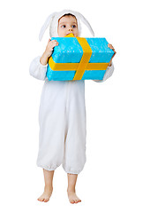 Image showing A child with a gift. The costume a white rabbit.
