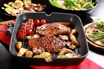 Image showing Delicious beef steak with grilled vegetable