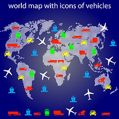 Image showing world map with icons of transport for traveling. 