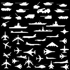 Image showing Vector set of aircraft, armored ships and guns.