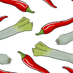 Image showing Seamless vegetable pattern leek and red pepper 