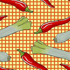 Image showing Seamless vegetable pattern leek and red pepper 