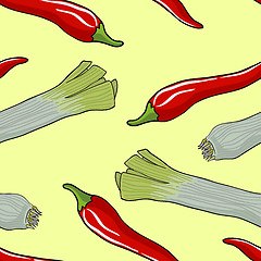 Image showing Seamless vegetable pattern leek and red pepper 