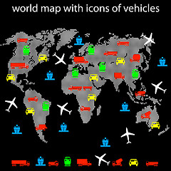 Image showing world map with icons of transport for traveling. 