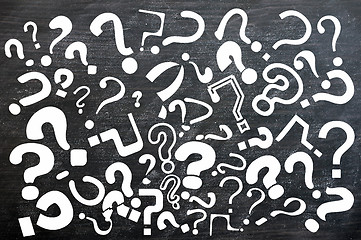 Image showing Various question marks on a blackboard