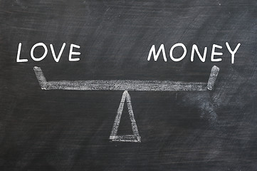 Image showing Balance of love and money drawn with chalk on a blackboard