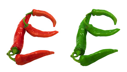 Image showing Letter E composed of green and red chili peppers