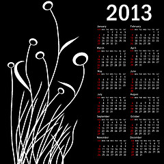 Image showing Stylish calendar with flowers for 2013. Week starts on Sunday.