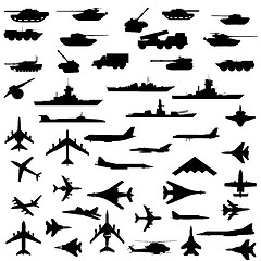 Image showing Vector set of aircraft, armored ships and guns.