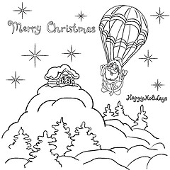 Image showing Cheerful Santa Claus goes down from the sky on a parachute. 