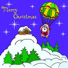 Image showing Cheerful Santa Claus goes down from the sky on a parachute.