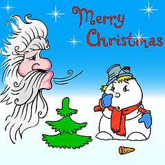 Image showing Santa Claus and snowman blows on