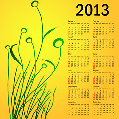 Image showing Stylish calendar with flowers for 2013. Week starts on Sunday.