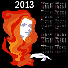 Image showing Stylish calendar with woman  for 2013. Week starts on Sunday.