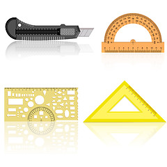 Image showing Stationery knife, ruler and protractor