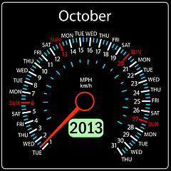Image showing 2013 year calendar speedometer car in vector. October.