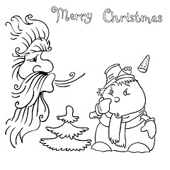 Image showing Santa Claus and snowman blows on