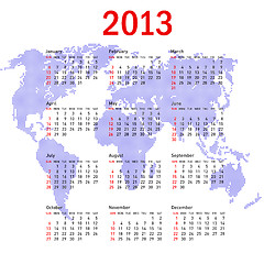 Image showing calendar 2013 with world map. Sundays first