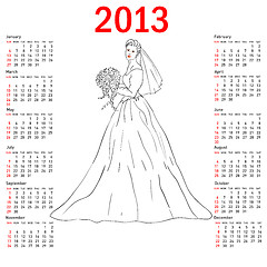 Image showing Stylish calendar Bride in wedding dress white with bouquet for 2