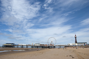 Image showing Central Pier and Blackpool Tower from the Beach