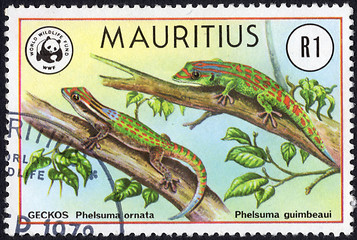 Image showing A Stamp from Mauritius showing Two Geckos