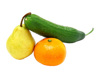 Image showing cucumber with a tangerine and a pear