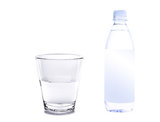 Image showing water in plastic bottle with glass isolated on white background