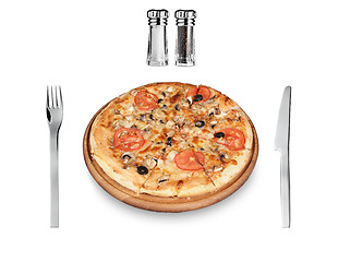 Image showing Pizza and fork, knife isolated on white