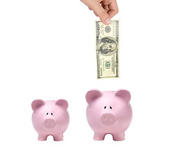 Image showing hand putting dollar bills into a pink piggy bank