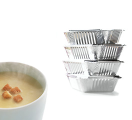 Image showing square foil catering tray and soup