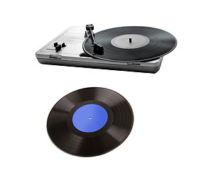 Image showing Retro portable turntable isolated and vinyl