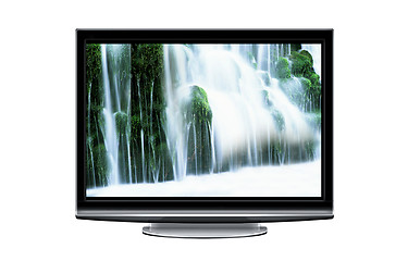 Image showing wide screen tv display with waterfall isolated on white