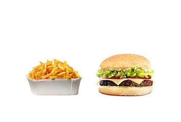Image showing Delicious cheeseburger with fries
