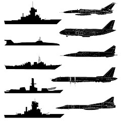 Image showing A set of military aircraft, ships and submarines.