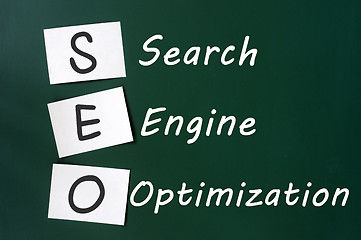 Image showing Acronym of SEO - Search engine optimization written on a blackboard 