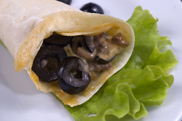 Image showing Pancakes with mushrooms and olives.