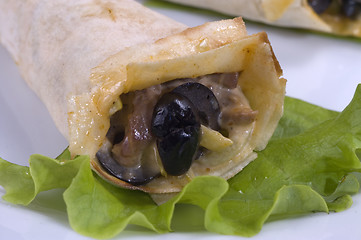 Image showing Pancakes with mushrooms and olives.